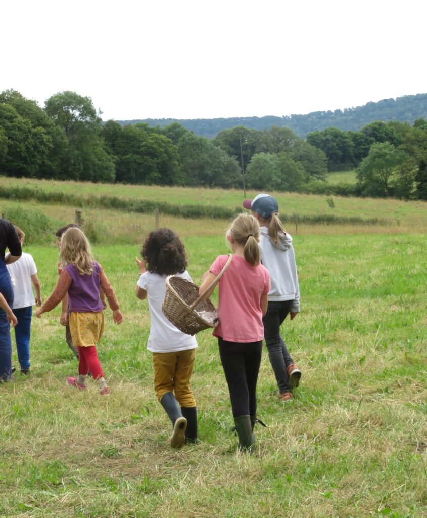 Un groupe d'enfants traverse une prairie bordée d'arbres
